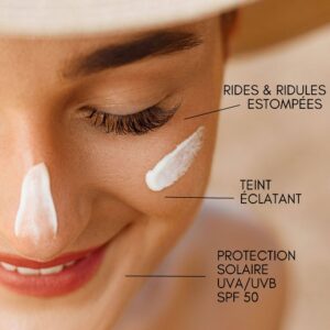 Application de crème solaire SPF 50 sur le visage d’une femme, avec mentions des bénéfices après peeling Codexial : rides et ridules estompées, teint éclatant et protection UVA/UVB.